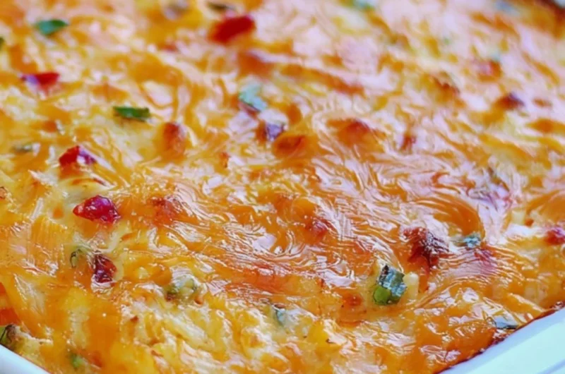 Pimento cheese hash brown casserole topped with crispy edges and melted cheese
