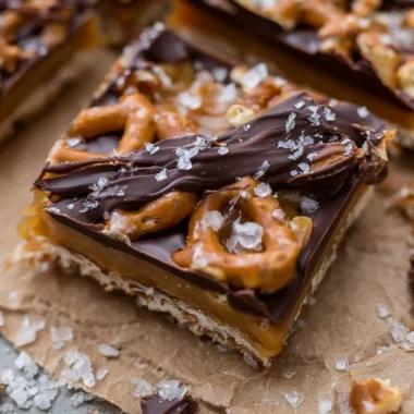 Delicious salted caramel pretzel bark with crunchy pretzels and rich caramel drizzle