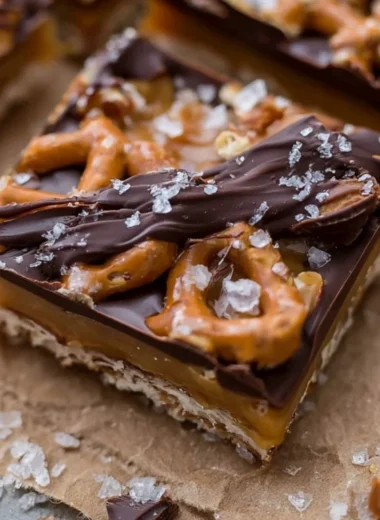 Delicious salted caramel pretzel bark with crunchy pretzels and rich caramel drizzle