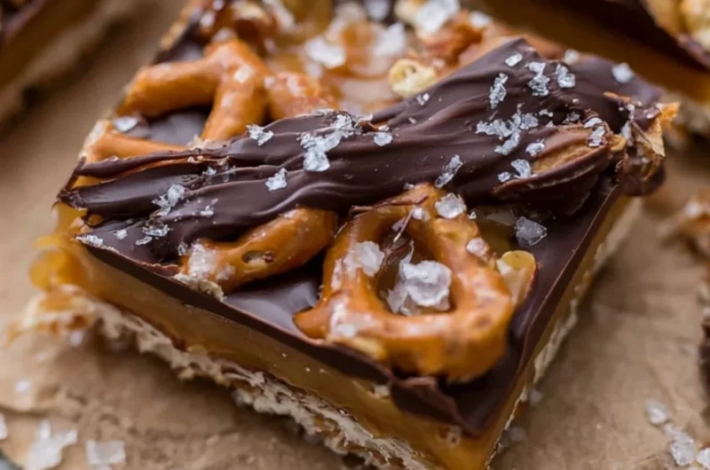 Delicious salted caramel pretzel bark with crunchy pretzels and rich caramel drizzle