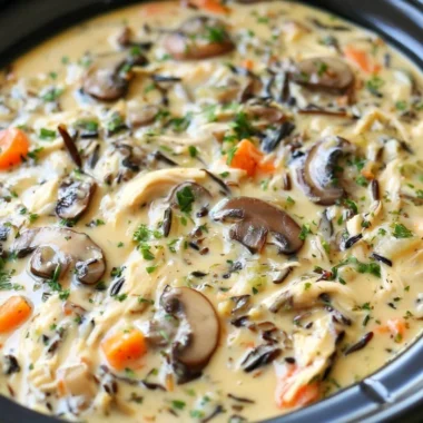 Bowl of slow cooker chicken and wild rice soup with fresh herbs