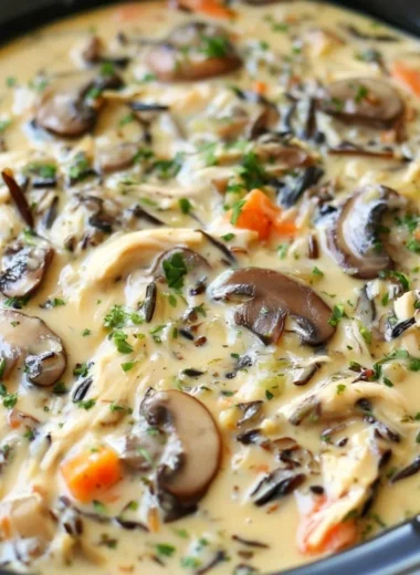 Bowl of slow cooker chicken and wild rice soup with fresh herbs