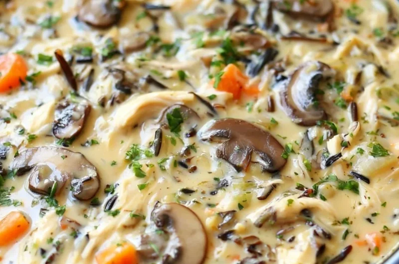 Bowl of slow cooker chicken and wild rice soup with fresh herbs