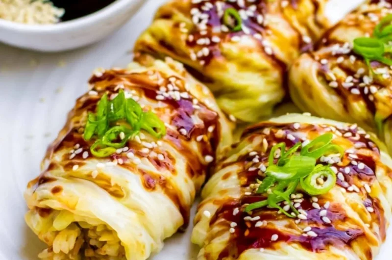 Delicious stuffed cabbage rolls served on a plate with herbs and sauce.