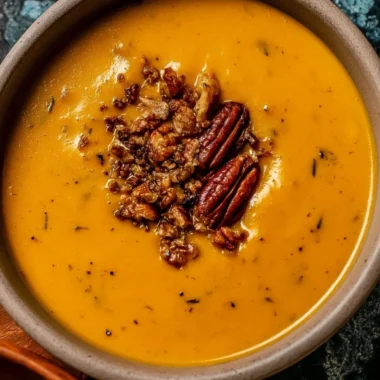 Bowl of Apple Cheddar Sweet Potato Soup garnished with herbs and served with bread