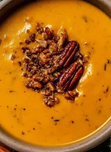 Bowl of Apple Cheddar Sweet Potato Soup garnished with herbs and served with bread