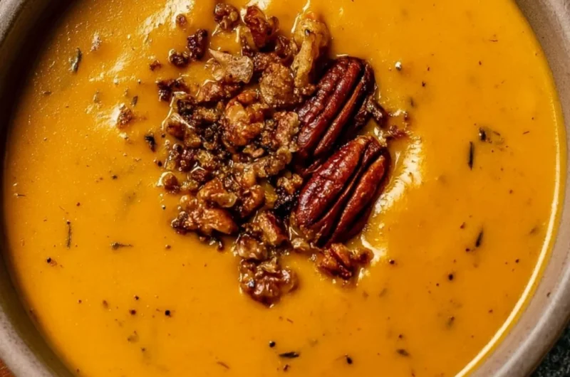 Bowl of Apple Cheddar Sweet Potato Soup garnished with herbs and served with bread