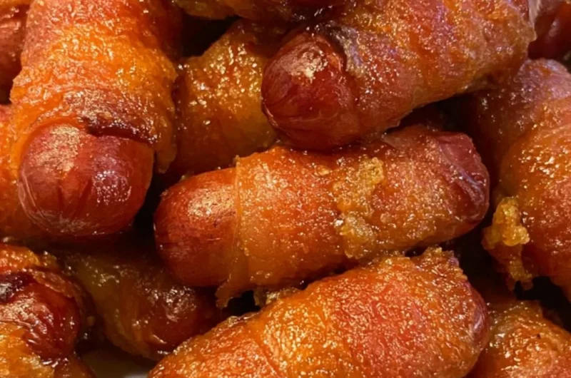Bacon wrapped little smokies served on a platter with dipping sauce.