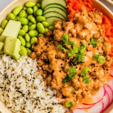 Bang Bang Ground Turkey Rice Bowls with vibrant ingredients and spices