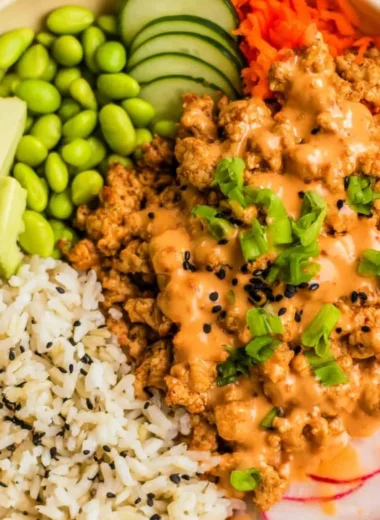 Bang Bang Ground Turkey Rice Bowls with vibrant ingredients and spices