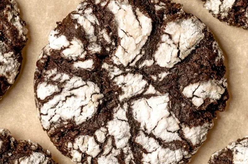 Delicious batch of homemade chocolate crinkle cookies with powdered sugar coating