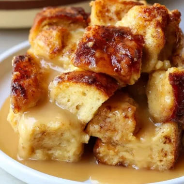 Delicious bread pudding drizzled with vanilla caramel sauce on a white plate