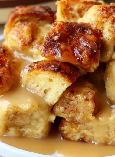 Delicious bread pudding drizzled with vanilla caramel sauce on a white plate