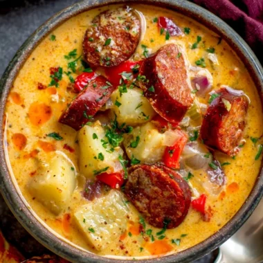 Bowl of hearty Cajun Potato Soup garnished with green onions
