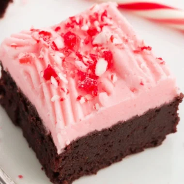 Delicious candy cane brownies topped with festive crushed peppermint.