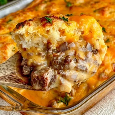 Cheddar Bay Ground Beef Cobbler casserole with cheese and creamy beef base