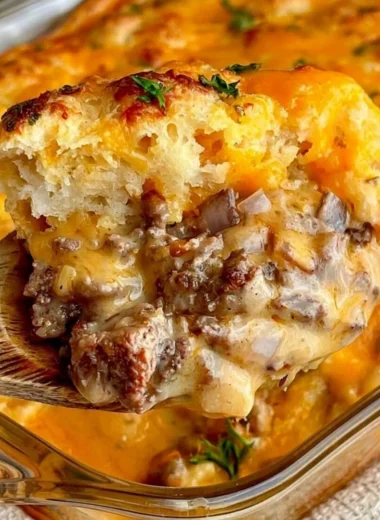 Cheddar Bay Ground Beef Cobbler casserole with cheese and creamy beef base
