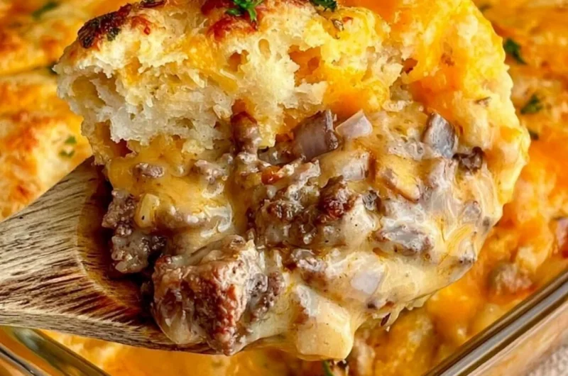 Cheddar Bay Ground Beef Cobbler casserole with cheese and creamy beef base