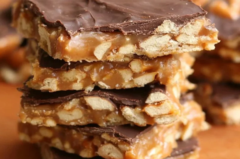 Delicious Chocolate Caramel Pretzel Bars topped with chocolate and caramel drizzle