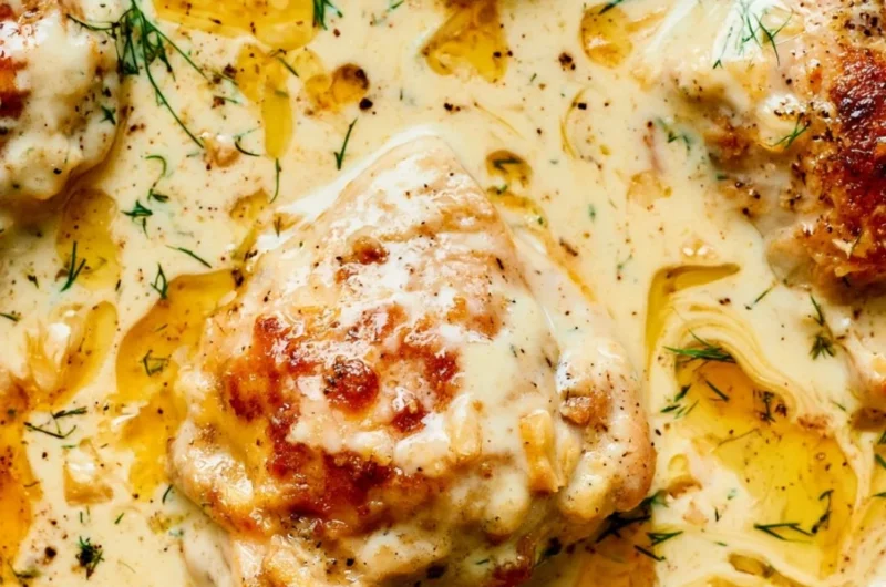 Creamy oven baked chicken thighs served on a plate with herbs