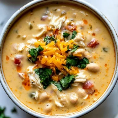 Bowl of creamy Southwestern white chicken chili topped with fresh herbs and jalapeños.