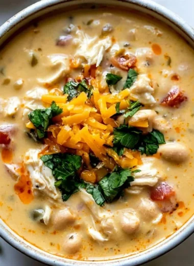 Bowl of creamy Southwestern white chicken chili topped with fresh herbs and jalapeños.