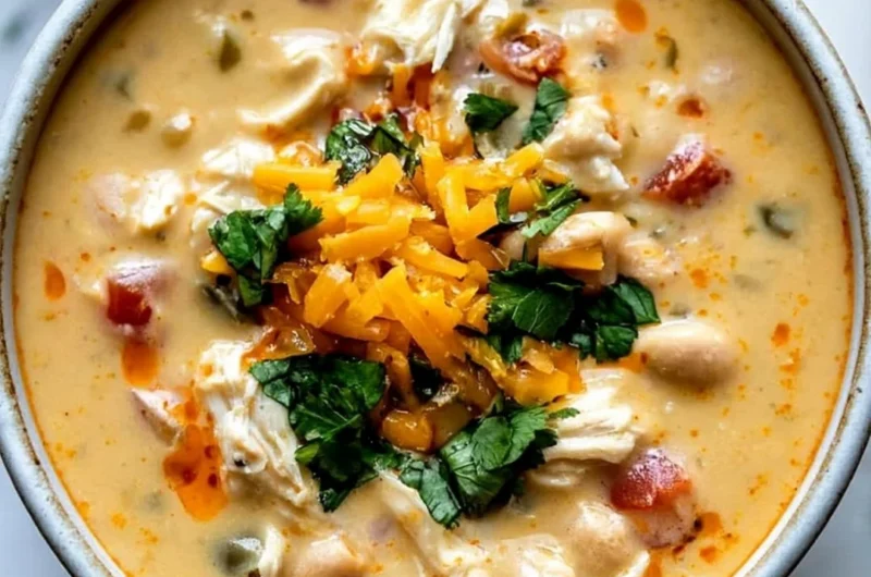 Bowl of creamy Southwestern white chicken chili topped with fresh herbs and jalapeños.