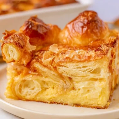 Delicious croissant French toast bake served as a hearty breakfast dish