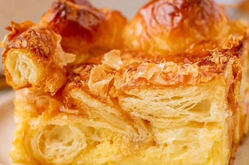 Delicious croissant French toast bake served as a hearty breakfast dish