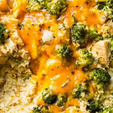 Dump-and-Bake Chicken Broccoli Rice Casserole in a baking dish