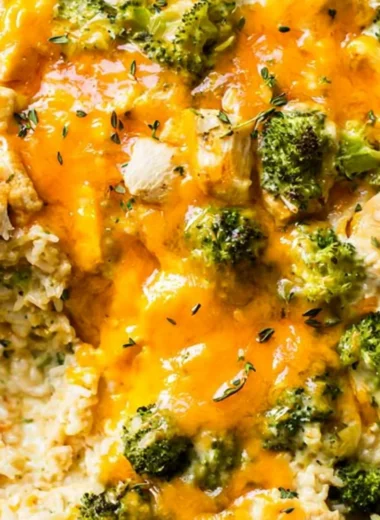 Dump-and-Bake Chicken Broccoli Rice Casserole in a baking dish