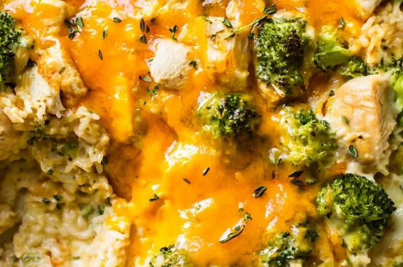 Dump-and-Bake Chicken Broccoli Rice Casserole in a baking dish