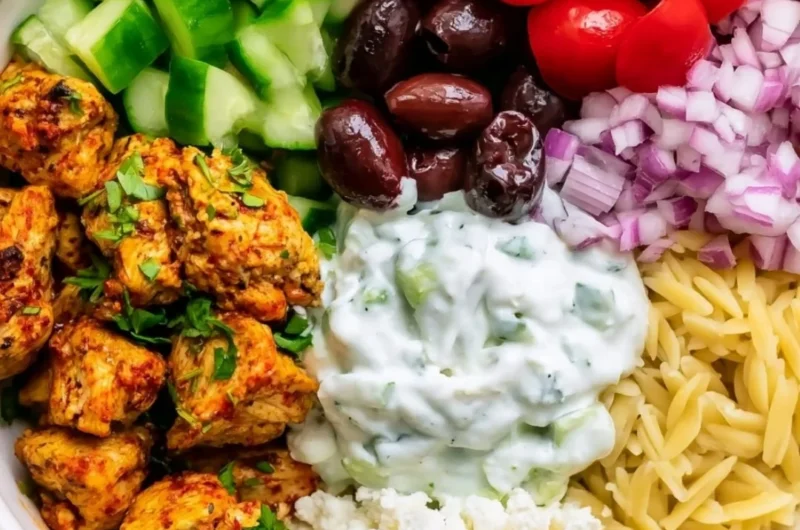 High-protein chicken gyro bowl with fresh ingredients for a healthy lunch.