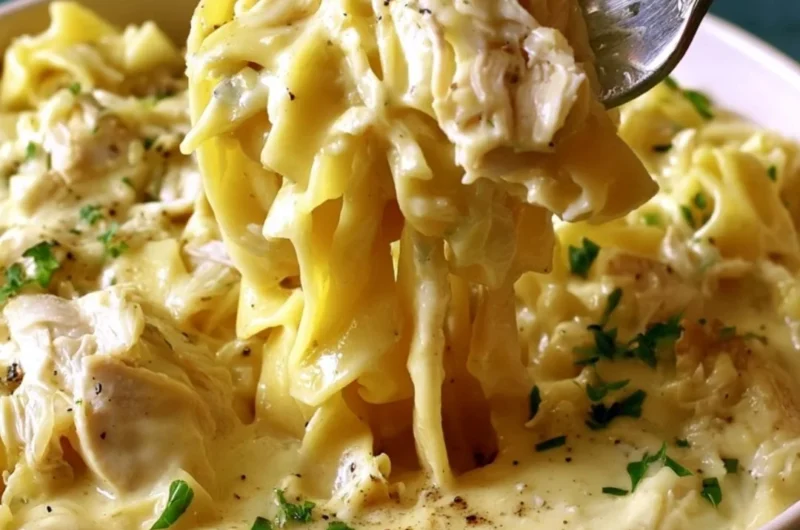 Bowl of easy creamy chicken and noodles with herbs and spices