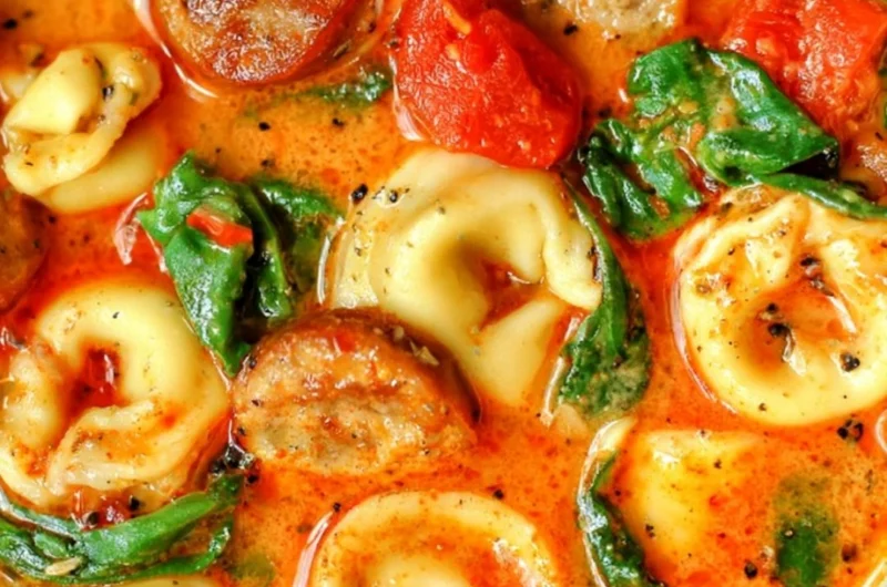 Bowl of healthy tortellini soup with vegetables and herbs