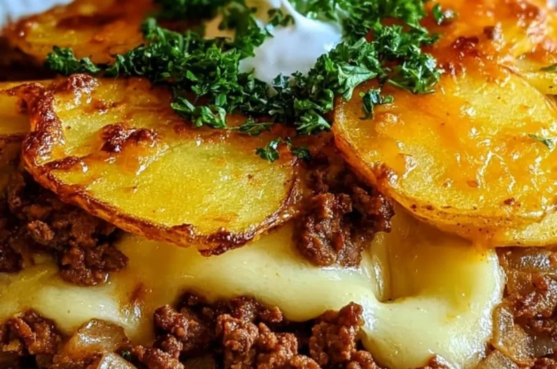 Healthy loaded beef and potato bake for a family dinner