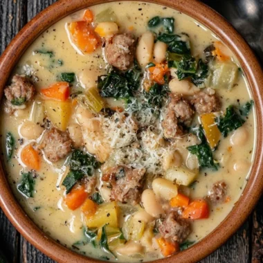 Bowl of high protein white bean soup garnished with herbs and spices.