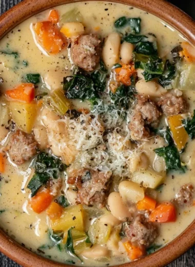 Bowl of high protein white bean soup garnished with herbs and spices.