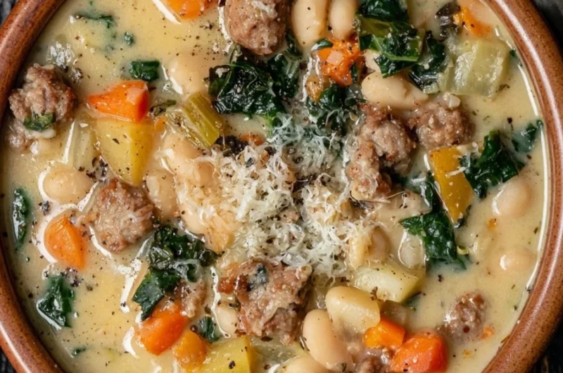 Bowl of high protein white bean soup garnished with herbs and spices.