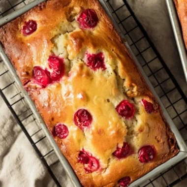 Freshly baked Mom's Cranberry Walnut Bread with cranberries and walnuts