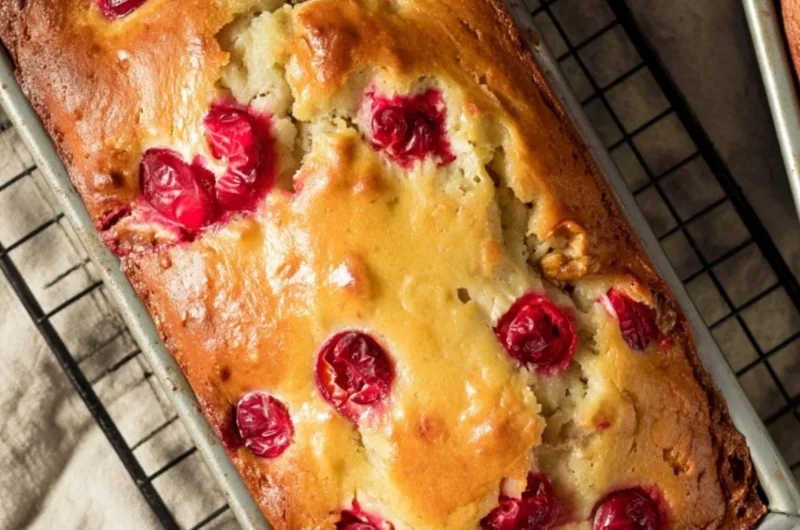Freshly baked Mom's Cranberry Walnut Bread with cranberries and walnuts