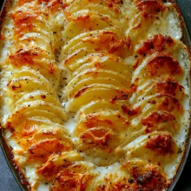Deliciously baked potatoes au gratin topped with melted cheese