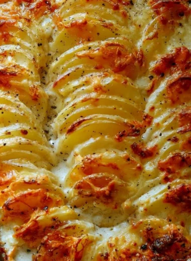 Deliciously baked potatoes au gratin topped with melted cheese