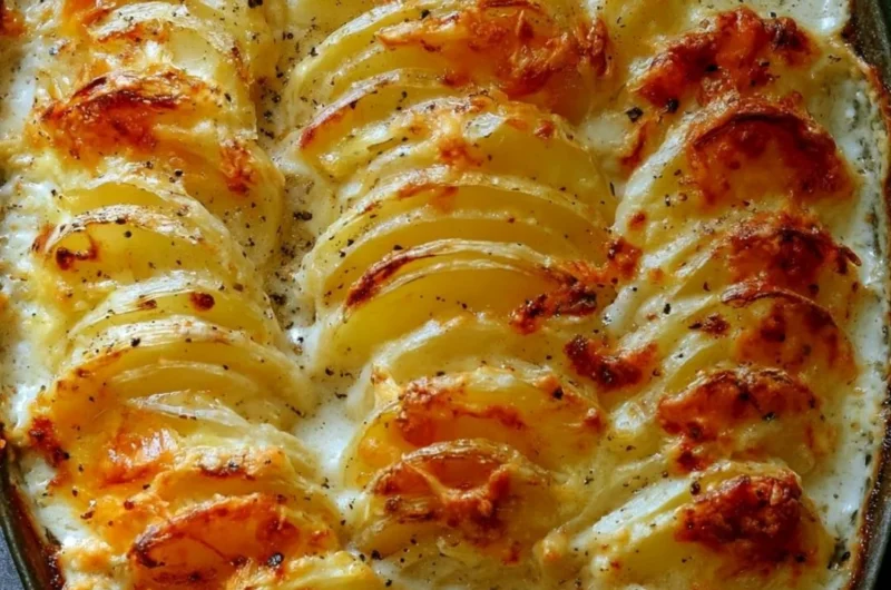 Deliciously baked potatoes au gratin topped with melted cheese