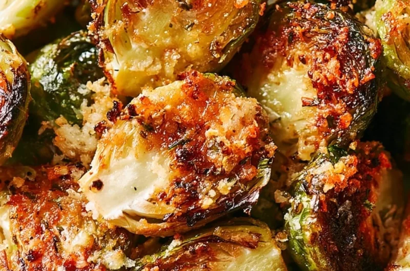Delicious roasted Brussels sprouts topped with Parmesan cheese