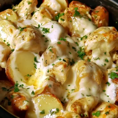 Delicious Slow Cooker Parmesan Garlic Chicken served with potatoes.