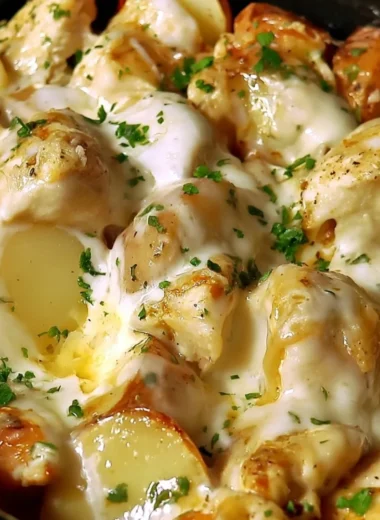 Delicious Slow Cooker Parmesan Garlic Chicken served with potatoes.