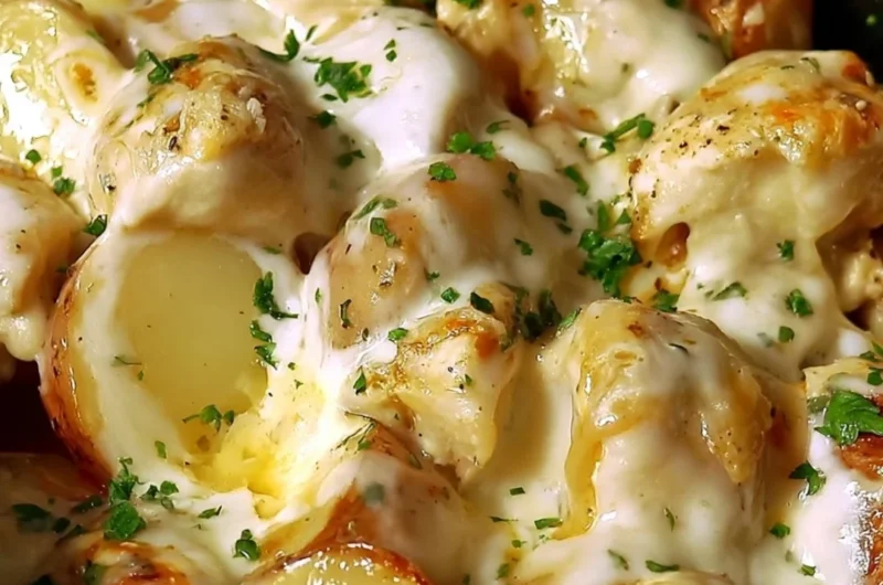 Delicious Slow Cooker Parmesan Garlic Chicken served with potatoes.