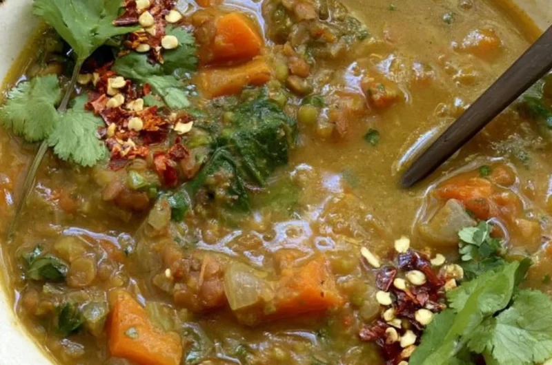 Bowl of sweet potato lentil stew filled with vegetables and spices.