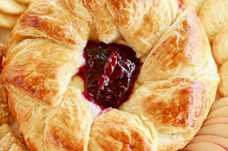 Delicious baked brie in puff pastry served with fruits and nuts